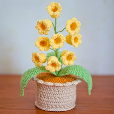 Hand crocheted Potted Arrangement Of Bell Orchids With 9 Headbands And Lights