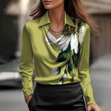 Women's Swing Collar Draped Shirts & Blouses Elegant Solid Satin Office Ladies Top Pullover Spring Long Sleeve Casual Tops