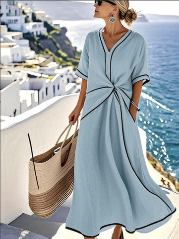 Summer Striped Print Dress Casual Beach Vacation Short-sleeved Maxi Dress Womens Clothing