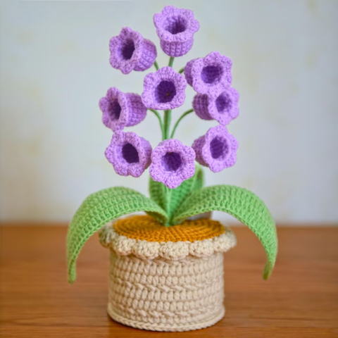 Hand crocheted Potted Arrangement Of Bell Orchids With 9 Headbands And Lights