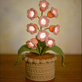 Hand crocheted Potted Arrangement Of Bell Orchids With 9 Headbands And Lights