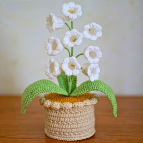 Hand crocheted Potted Arrangement Of Bell Orchids With 9 Headbands And Lights