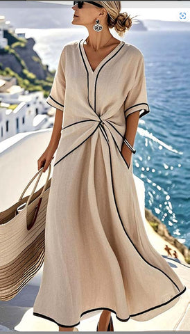 Summer Striped Print Dress Casual Beach Vacation Short-sleeved Maxi Dress Womens Clothing